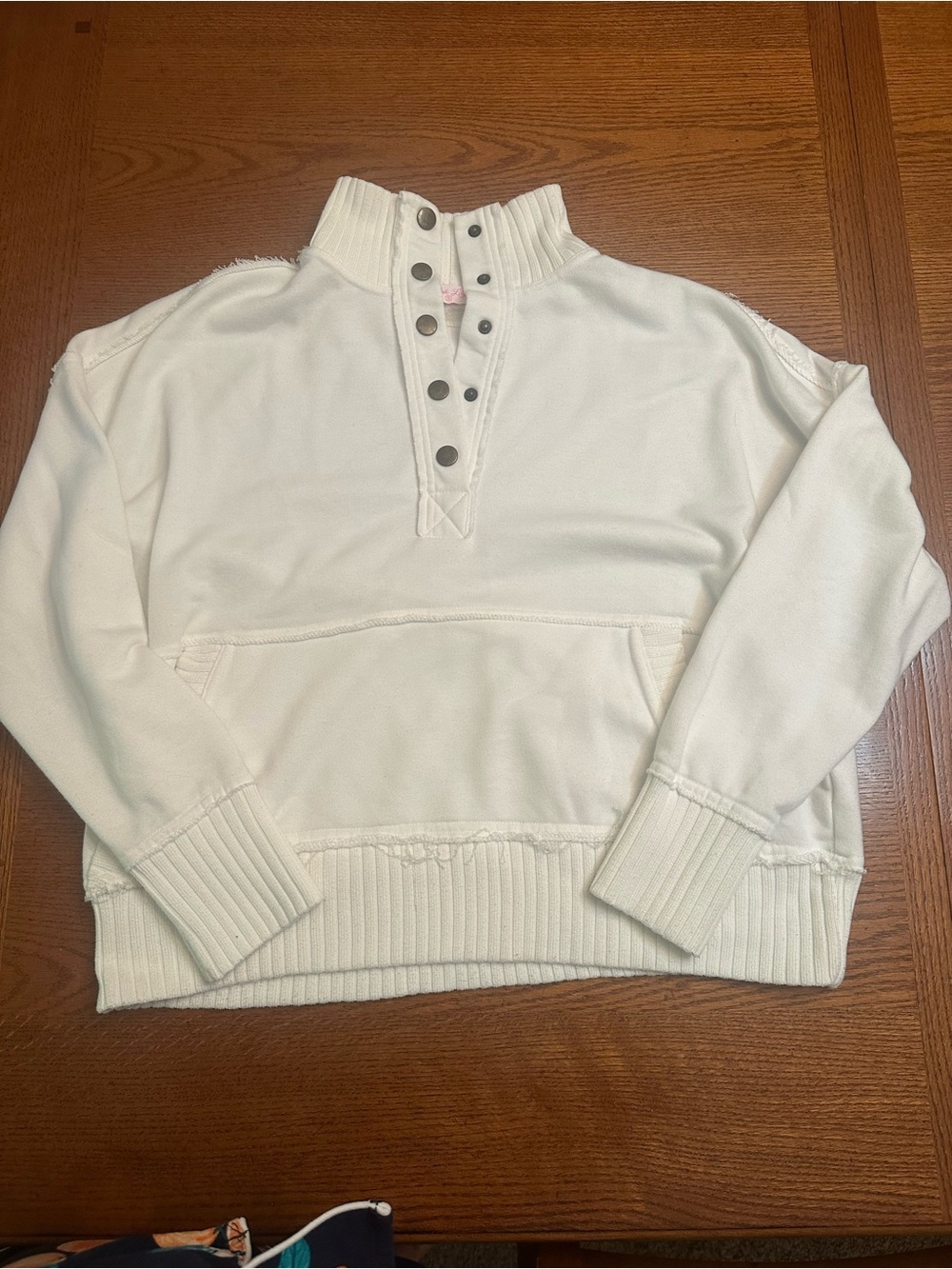 Pink Lily White Snap-Front Ribbed Mock Neck Pullover size S
